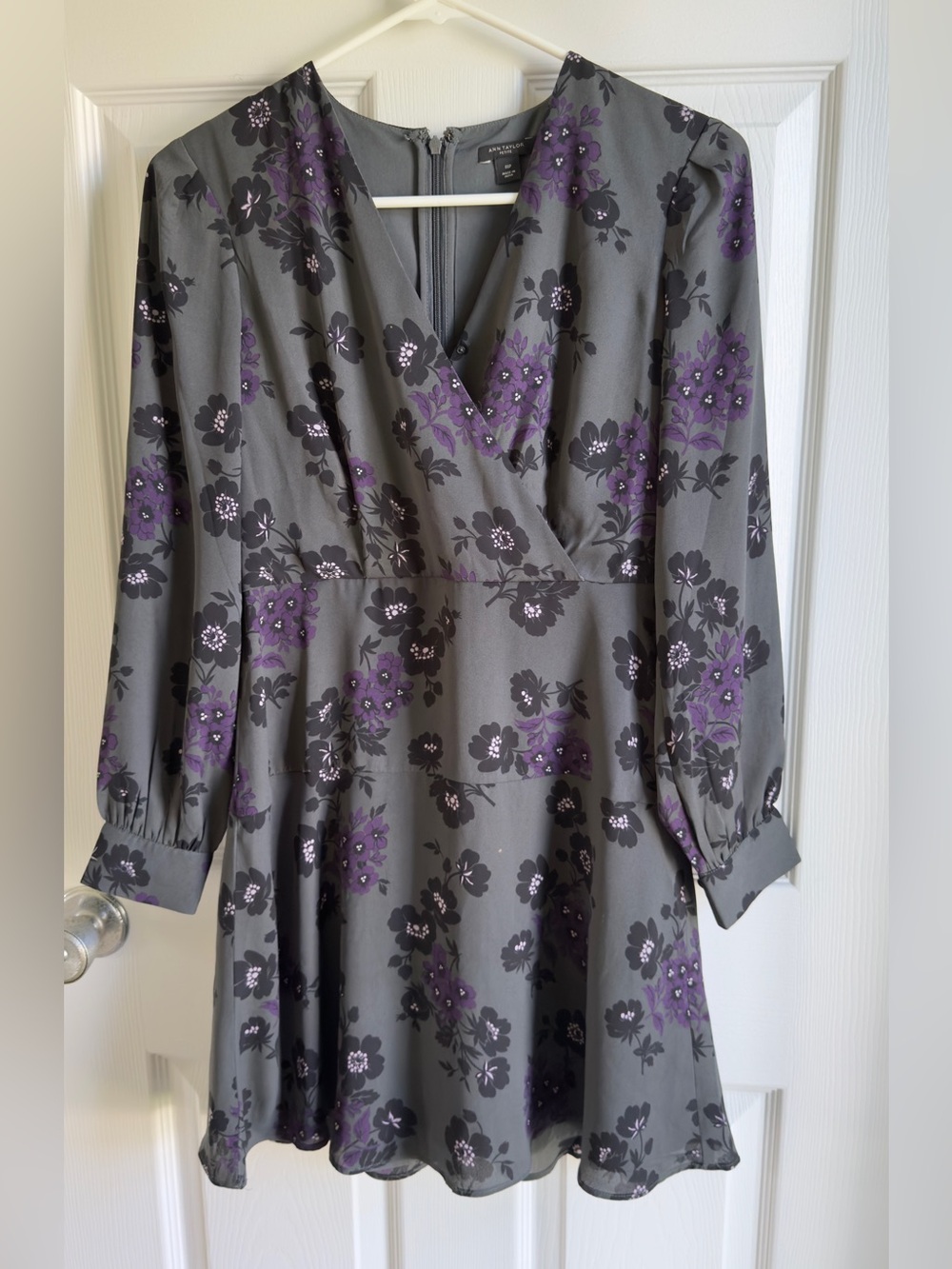 Ann Taylor Grey Floral Wrap Dress with Purple Accents